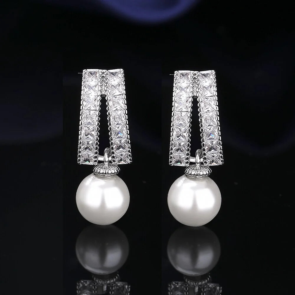 925 Sterling Silver Jewelry Set Tassel Imitation Pearl Clavicle Necklace Inlaid Zircon Women'S Necklace Earrings Elegant Jewelry