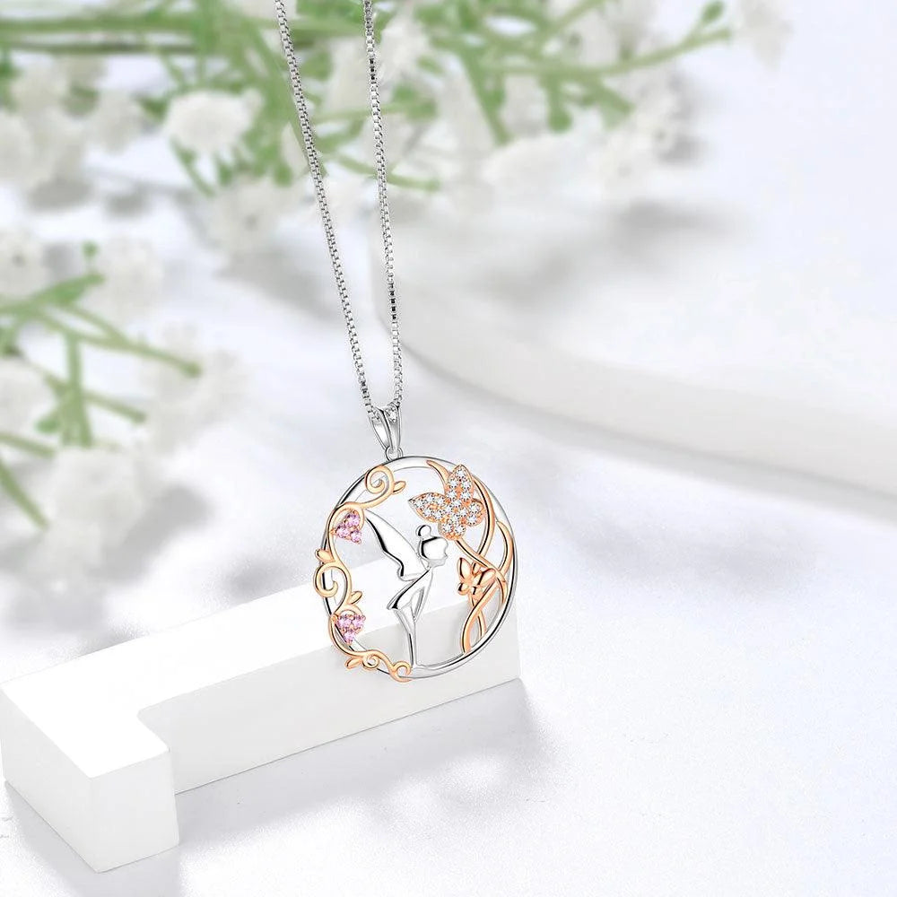 925 Sterling Silver Fairy Pendant Necklace Angel Butterfly Pink Crystal Jewelry Women Christmas Valentine'S Day Birthday Gifts for Daughter