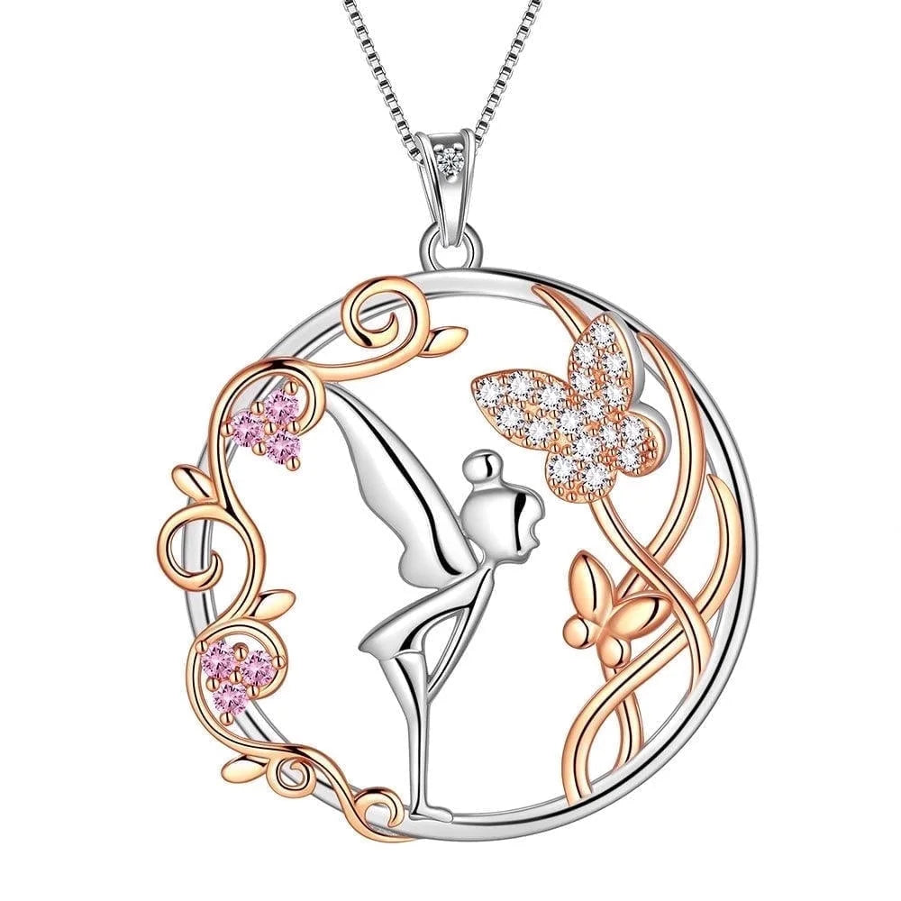 925 Sterling Silver Fairy Pendant Necklace Angel Butterfly Pink Crystal Jewelry Women Christmas Valentine'S Day Birthday Gifts for Daughter