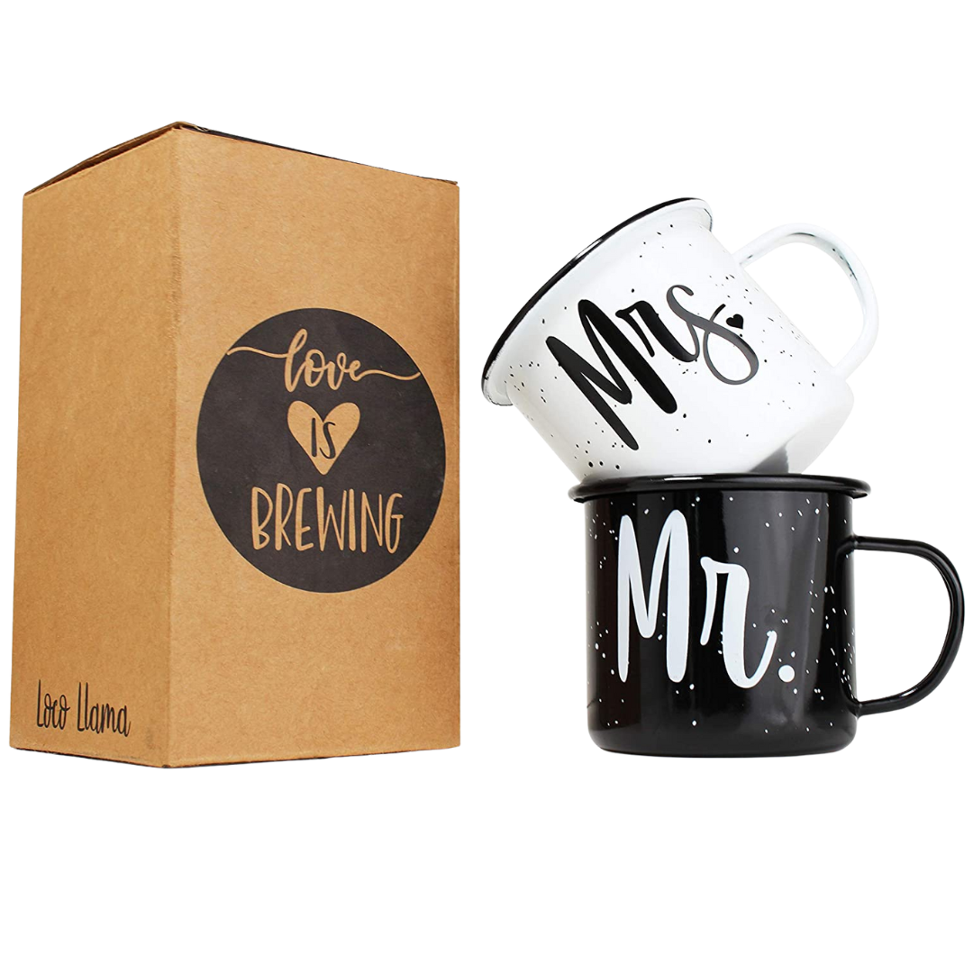 Mr and Mrs Coffee Mug Gift Set - Enamel Coated Stainless Steel Camping Mugs