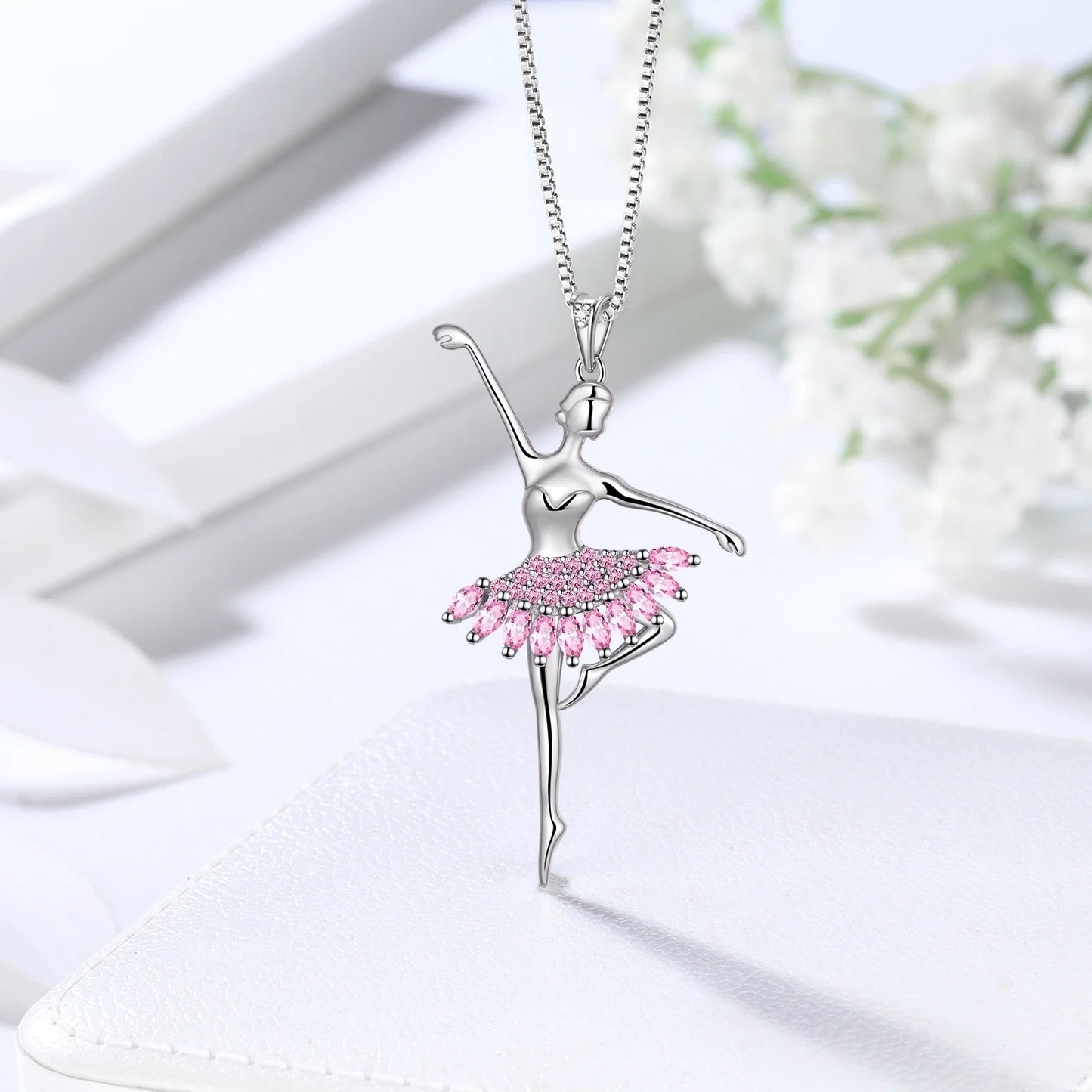 Pink Ballerina Dancer Pendant Necklace October Birthstone CZ 925 Sterling Silver Women Christmas Valentine'S Day Birthday Gifts for Daughter
