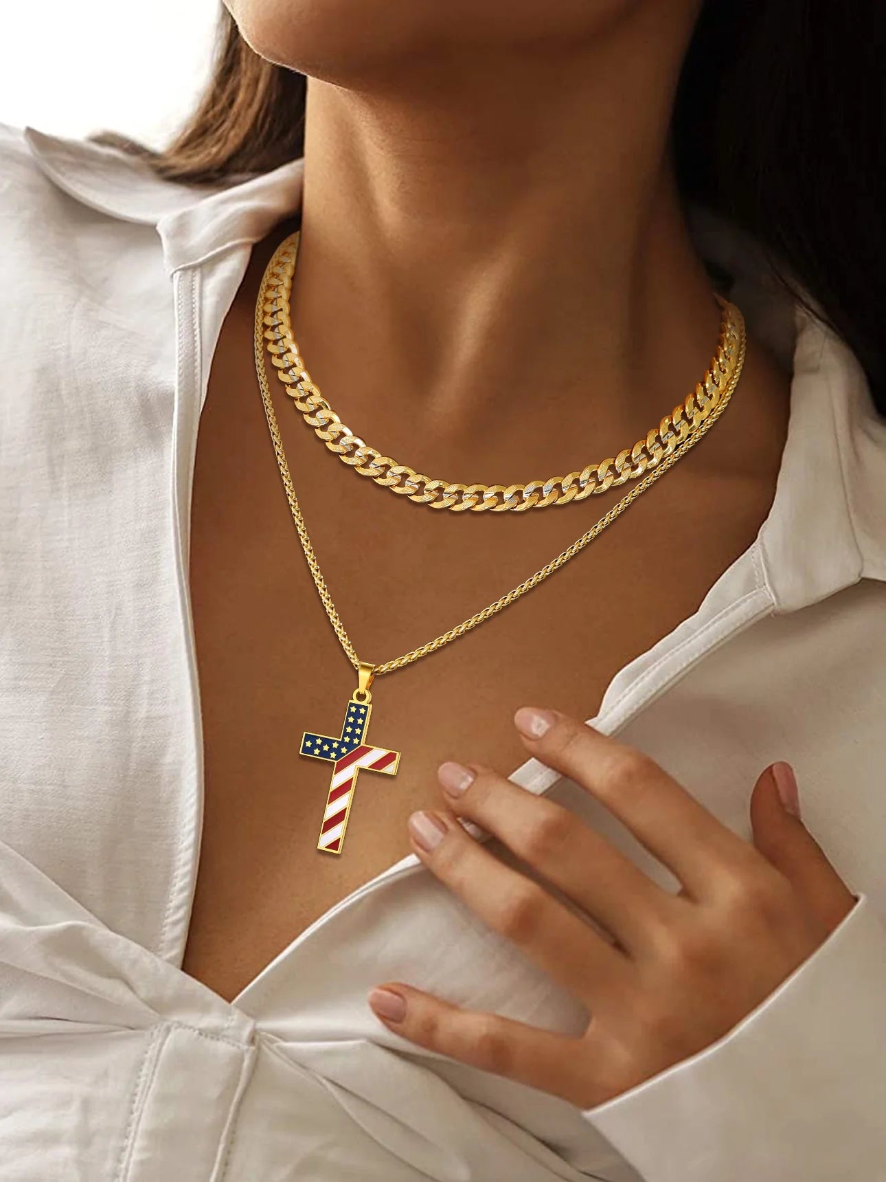 Gold Plated American Flag Patriotic Cross Necklace for Men Stainless Steel Cross Pendant Necklace Religious Jewelry Gifts