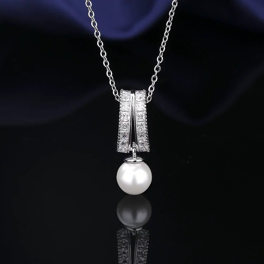 925 Sterling Silver Jewelry Set Tassel Imitation Pearl Clavicle Necklace Inlaid Zircon Women'S Necklace Earrings Elegant Jewelry