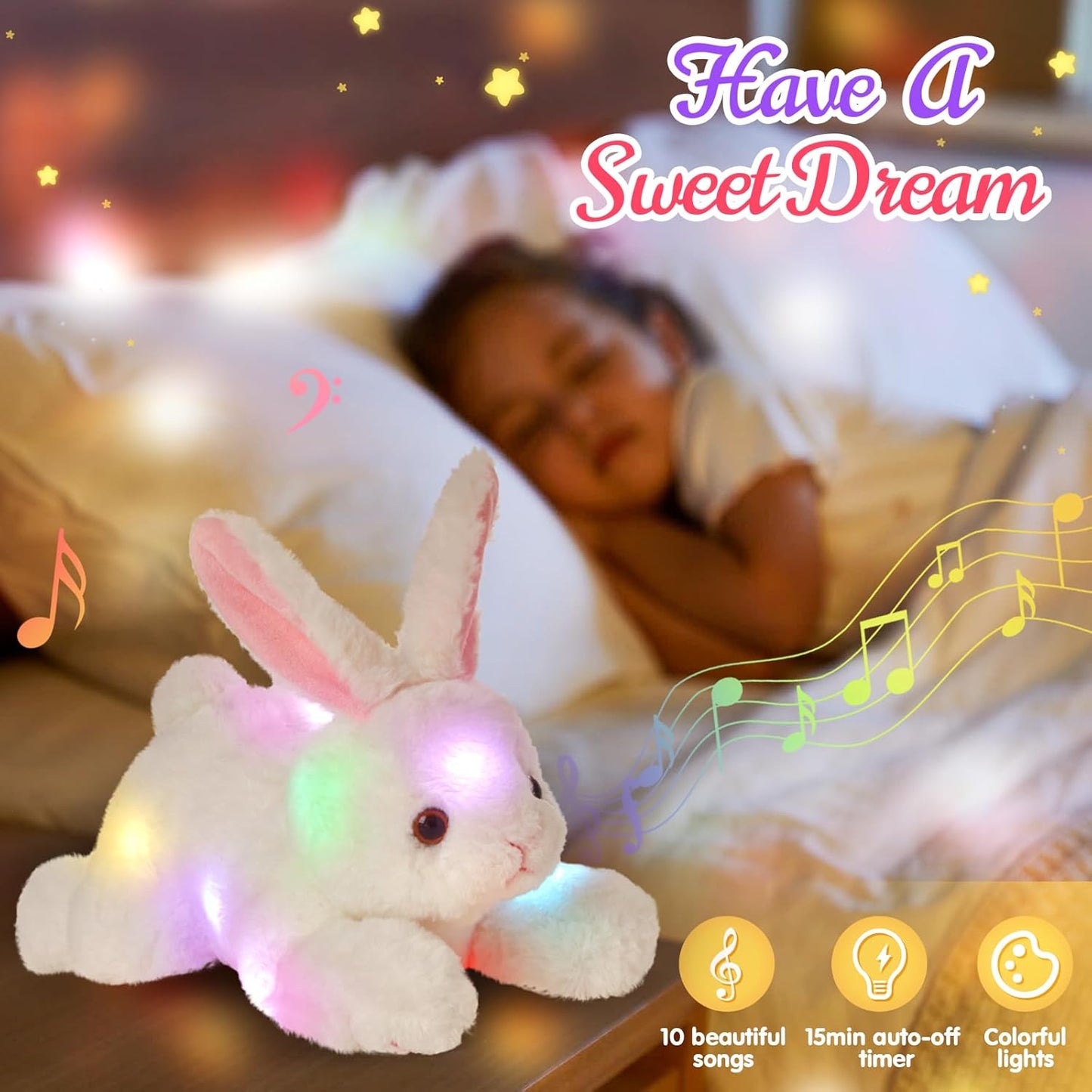 Light up Music Plush Bunny Rabbit Stuffed Animal Rabbit Plushie Toy Glow in the Dark Bedtime Companion Easter Bunny Gift for Kids, 14’’Best Gifts for Easter Day(Led & Musical)