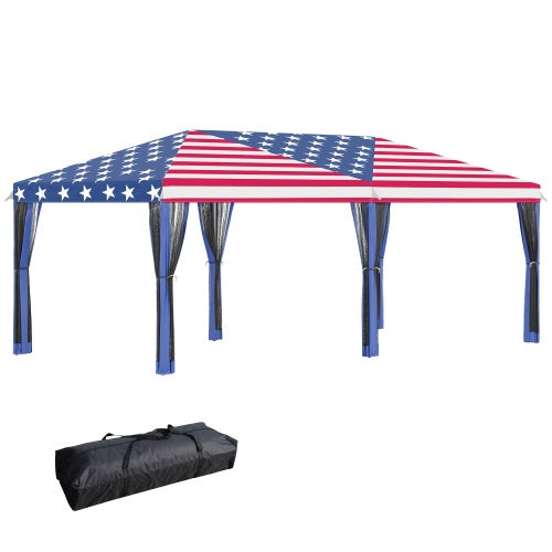 Patriotic 10 X 20 Canopy Tent With Netting, Heavy Duty Instant Sun Shelter, Large Tents For Parties With Carry Bag For Outdoor, Garden, Patio, American Flag