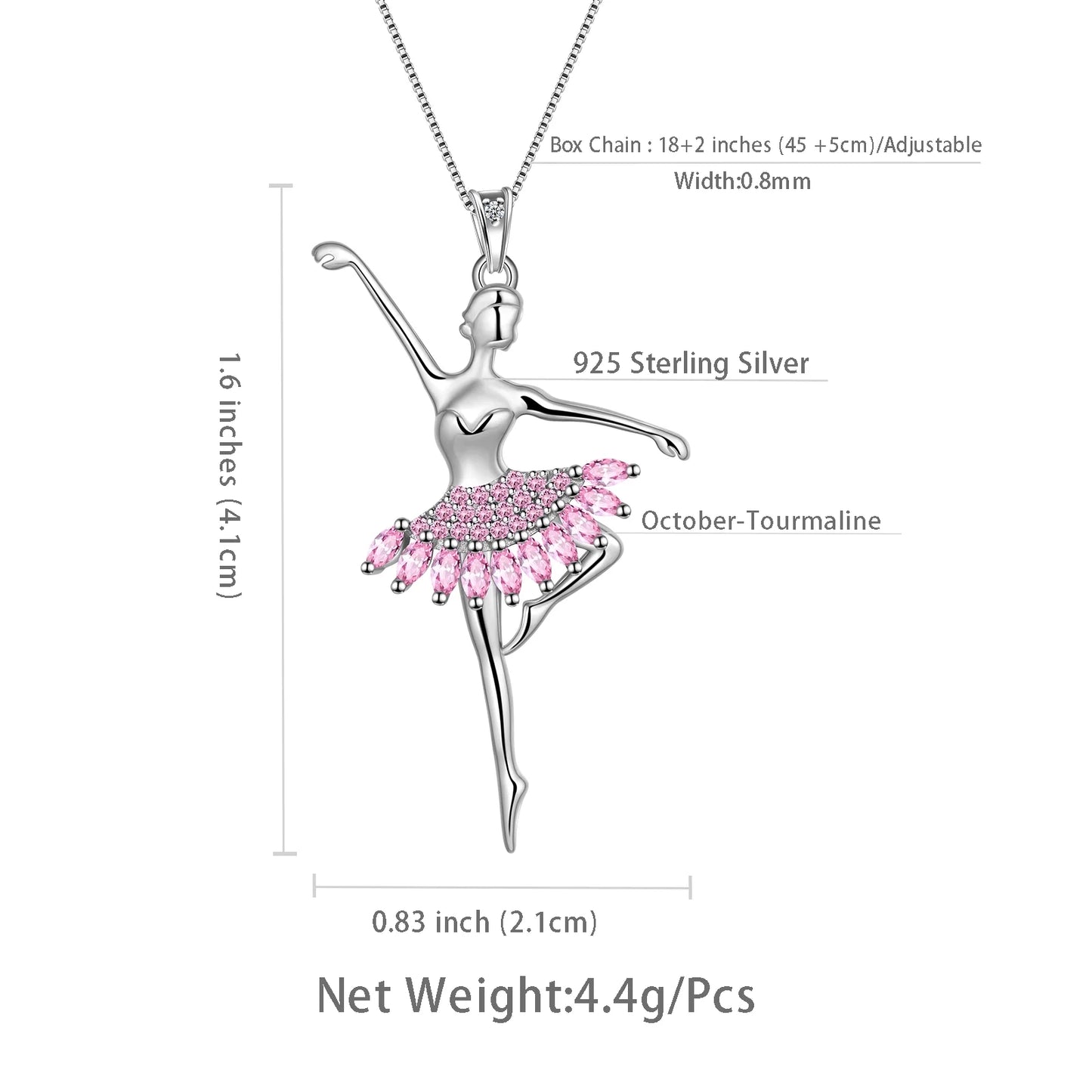 Pink Ballerina Dancer Pendant Necklace October Birthstone CZ 925 Sterling Silver Women Christmas Valentine'S Day Birthday Gifts for Daughter