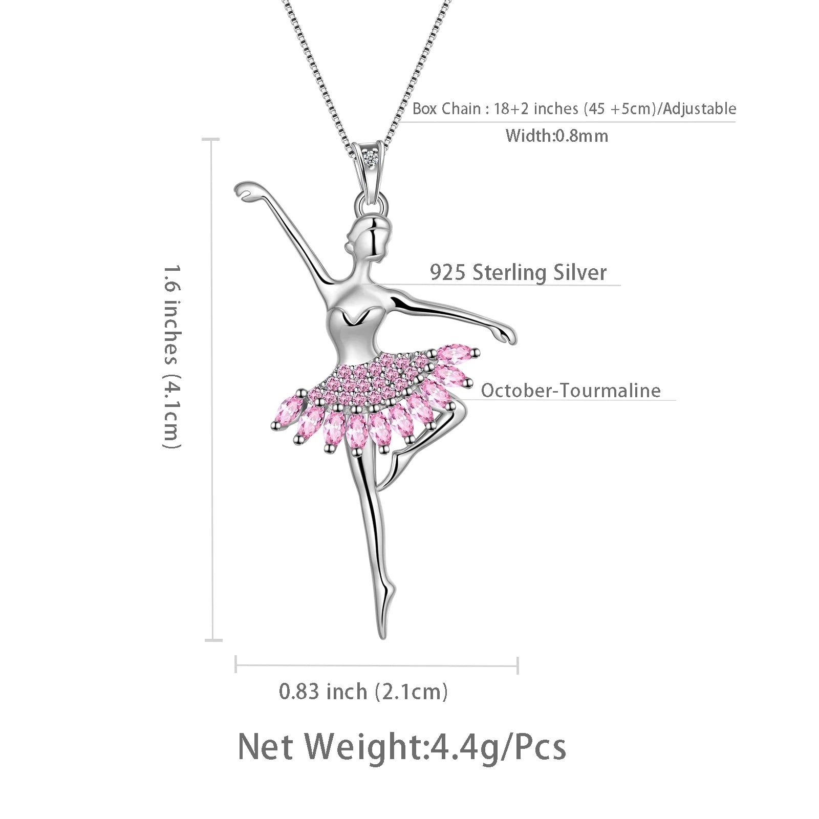 Pink Ballerina Dancer Pendant Necklace October Birthstone CZ 925 Sterling Silver Women Christmas Valentine'S Day Birthday Gifts for Daughter