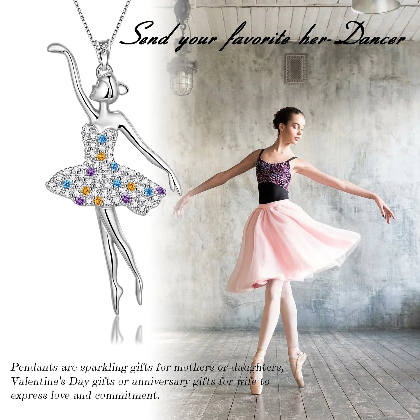 Ballerina Ballet Dancer Pendant Necklace 925 Sterling Silver Multicolor CZ Women Recital Christmas Valentine'S Day Birthday Gifts for Daughter