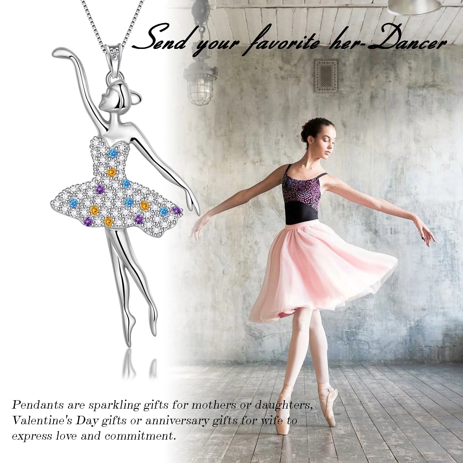 Ballerina Ballet Dancer Pendant Necklace 925 Sterling Silver Multicolor CZ Women Recital Christmas Valentine'S Day Birthday Gifts for Daughter