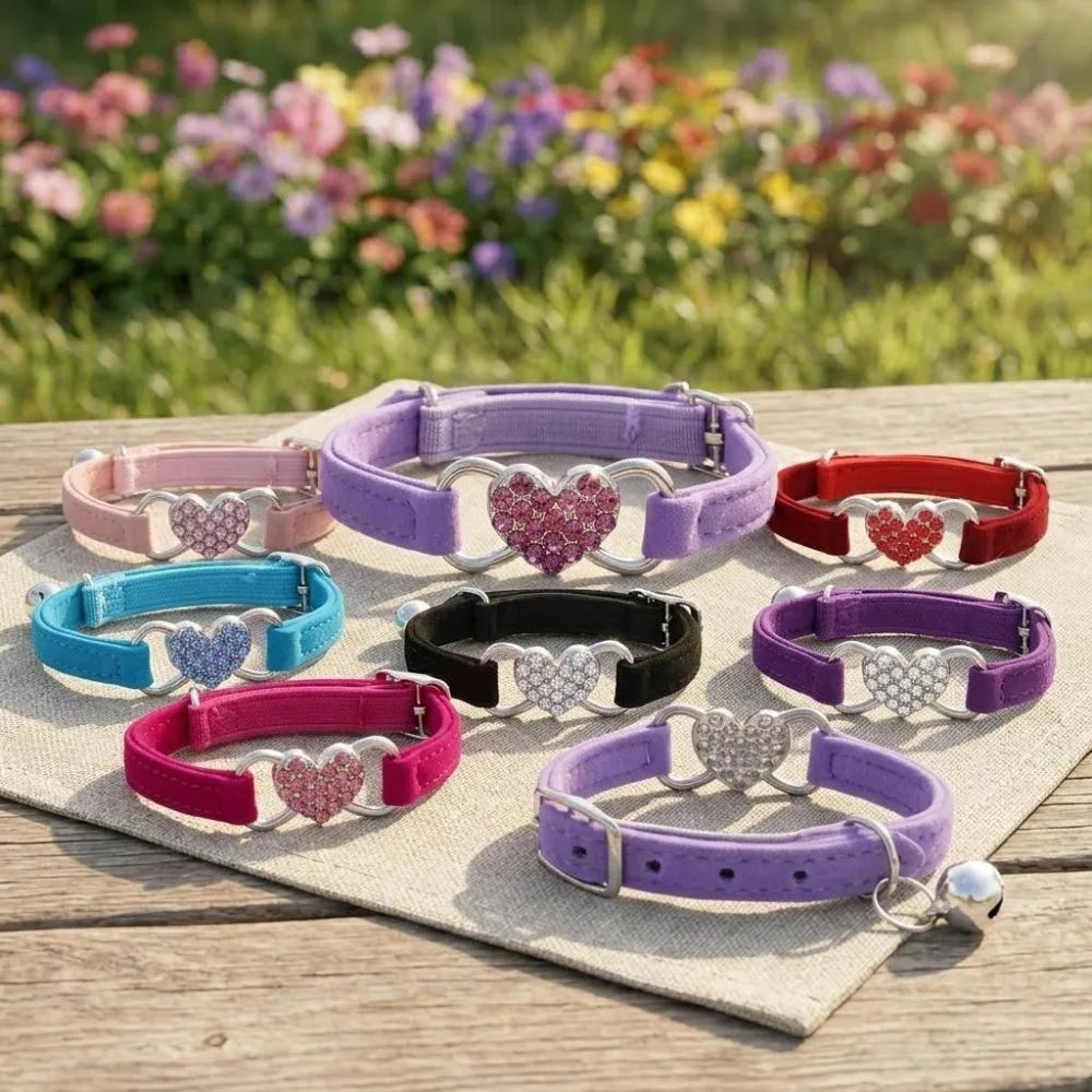 Heart-Shaped Cat Collar, Colorful Flocked Small Dog Necklace with Bell, Pet Supplies