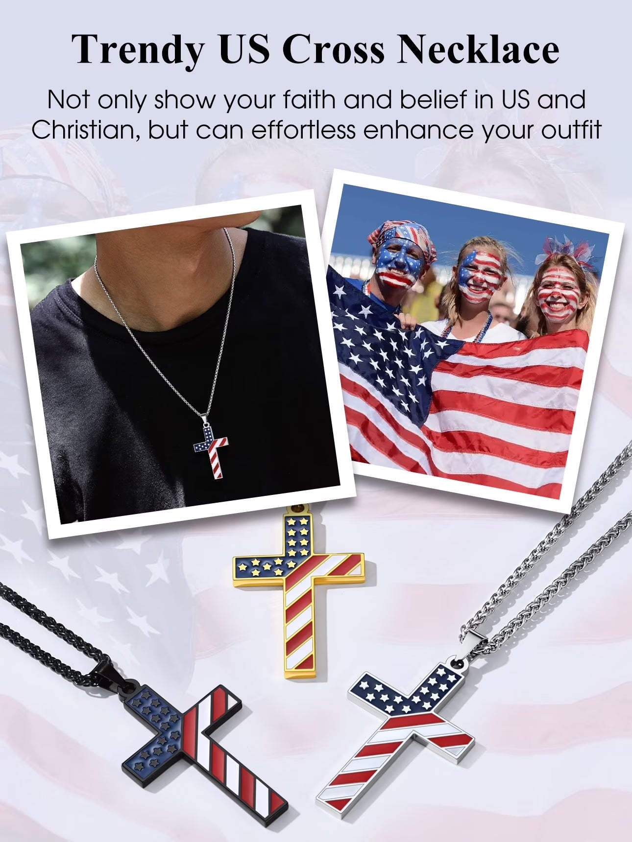 Gold Plated American Flag Patriotic Cross Necklace for Men Stainless Steel Cross Pendant Necklace Religious Jewelry Gifts