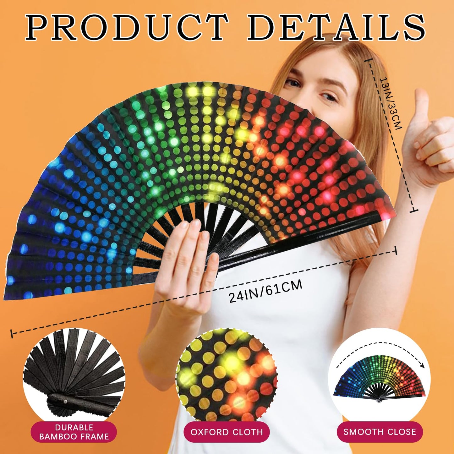 Folding Fan UV Glow Rave Bamboo Hand Fan Carnival Decoration Dancing Party Wedding Night Club Concert Tai Chi Kung Fu Large Polka Dots