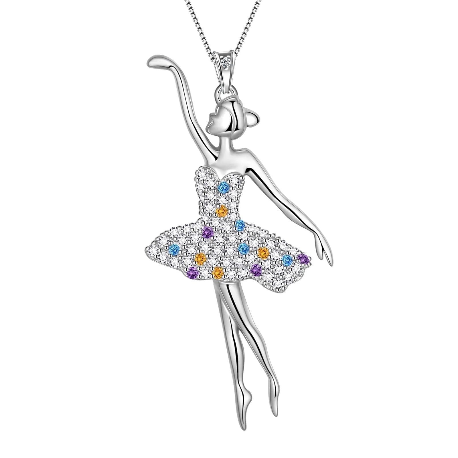 Ballerina Ballet Dancer Pendant Necklace 925 Sterling Silver Multicolor CZ Women Recital Christmas Valentine'S Day Birthday Gifts for Daughter