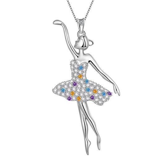 Ballerina Ballet Dancer Pendant Necklace 925 Sterling Silver Multicolor CZ Women Recital Christmas Valentine'S Day Birthday Gifts for Daughter