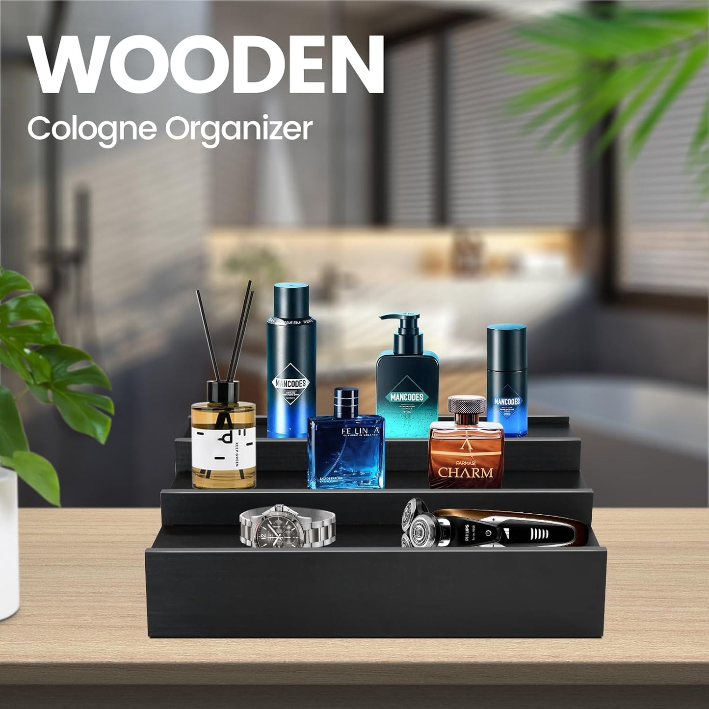 Wooden 3-tier cologne organizer with hidden storage for fragrance bottles, watches, jewelry, and grooming essentials