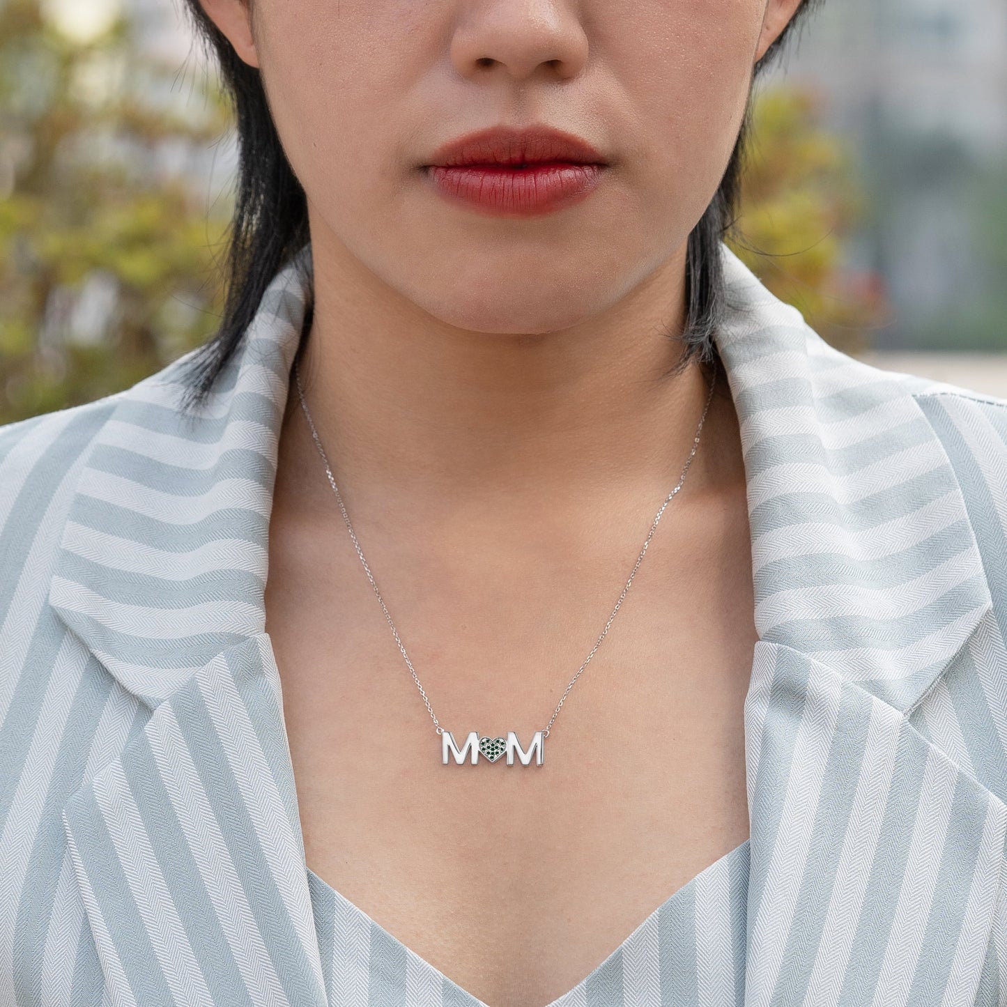 MOM Pendant Necklace - Emerald - May Birthstone in 18K White Gold over Sterling Silver