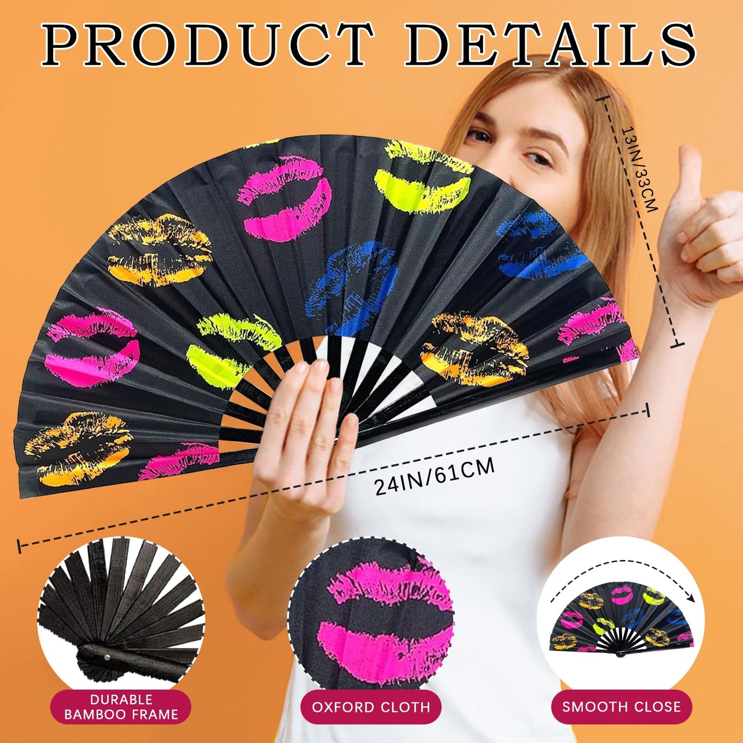 Folding Fan UV Glow Rave Bamboo Hand Fan Carnival Decoration Dancing Party Wedding Night Club Concert Lip Kung Fu Large Butterfly