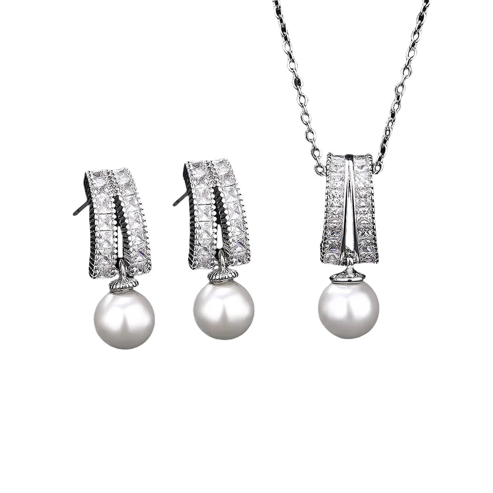 925 Sterling Silver Jewelry Set Tassel Imitation Pearl Clavicle Necklace Inlaid Zircon Women'S Necklace Earrings Elegant Jewelry