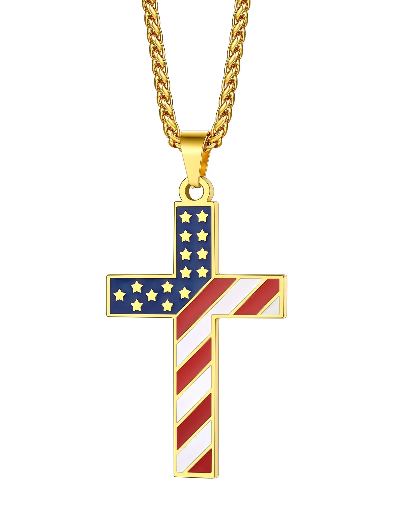 Gold Plated American Flag Patriotic Cross Necklace for Men Stainless Steel Cross Pendant Necklace Religious Jewelry Gifts