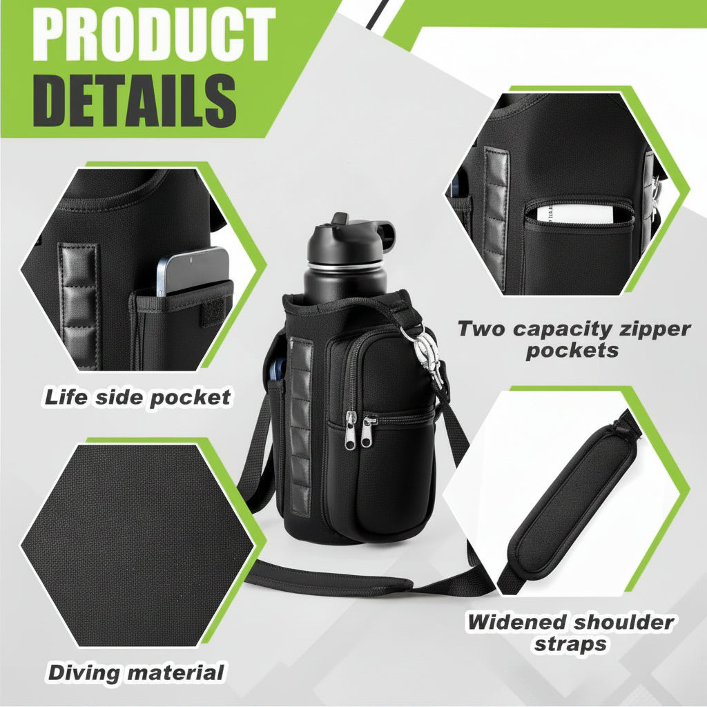 Water Bottle Holder | Water Carrier Bag W/ Phone Pocket Handle & Shoulder Strap
