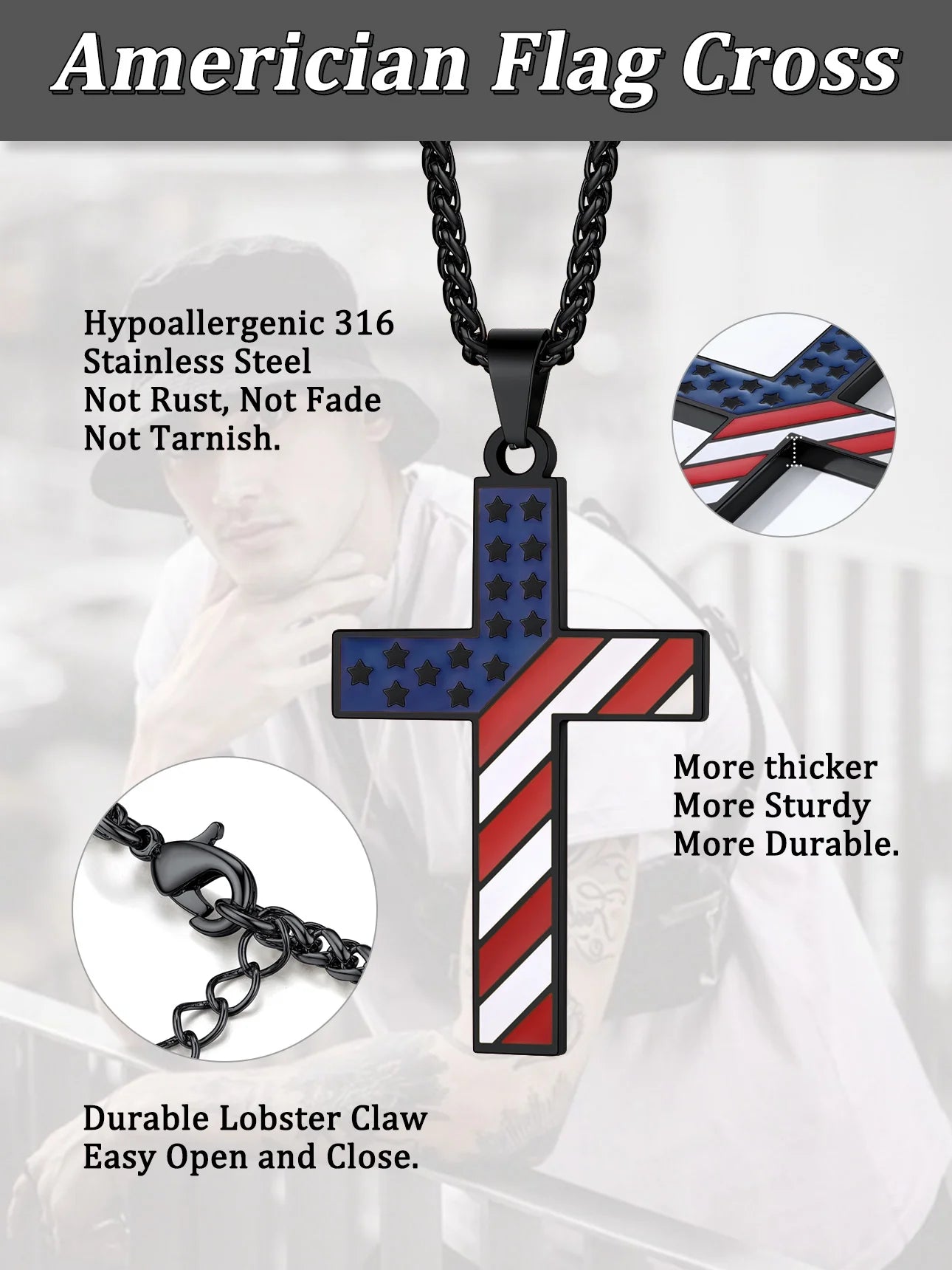 Black American Flag Patriotic Cross Necklace for Men Stainless Steel Cross Pendant Necklace Religious Jewelry Gift for Christmas