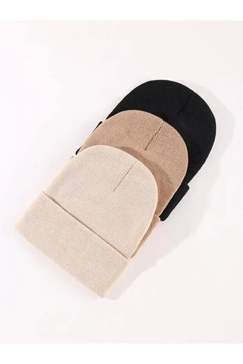 Unisex Foldable Beanie Hat Set – Black, Light Taupe & Stone (3-Pack)
