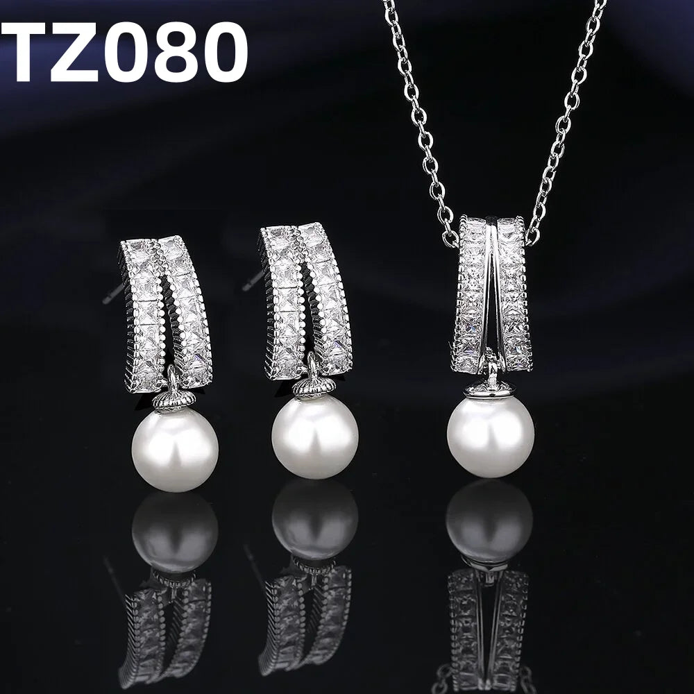 925 Sterling Silver Jewelry Set Tassel Imitation Pearl Clavicle Necklace Inlaid Zircon Women'S Necklace Earrings Elegant Jewelry