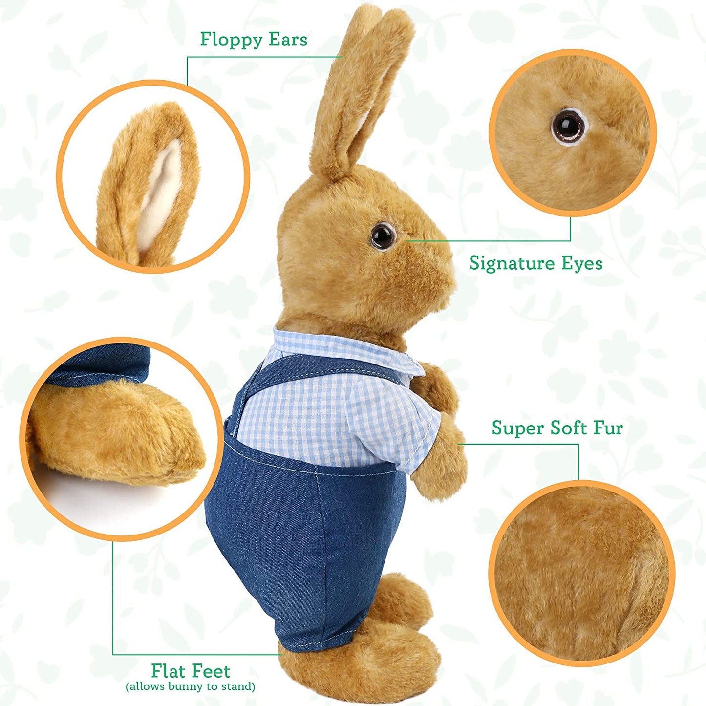 Bunny Stuffed Animal, 12” Brown Rabbit Plush for Home Decor, Rabbit Stuffed Animal Wearing Blue Clothes for Kids, Gifts for Birthday Christmas