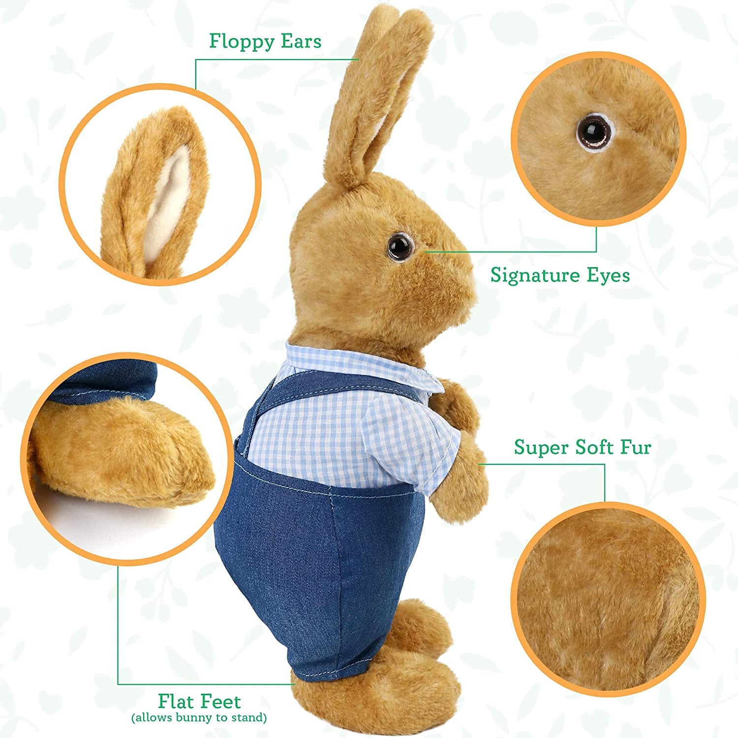 Bunny Stuffed Animal, 12” Brown Rabbit Plush for Home Decor, Rabbit Stuffed Animal Wearing Blue Clothes for Kids, Gifts for Birthday Christmas