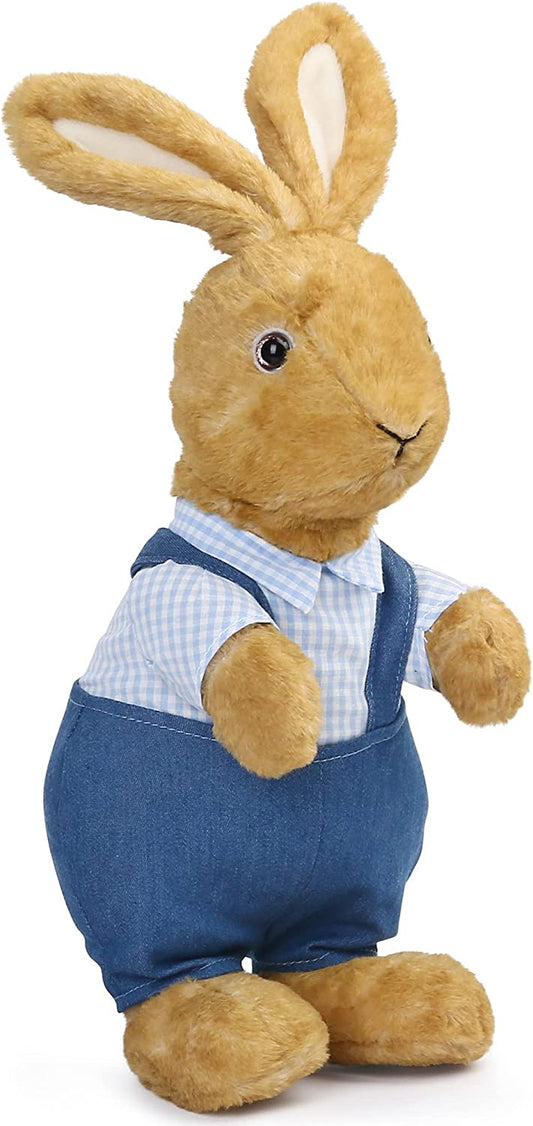 Bunny Stuffed Animal, 12” Brown Rabbit Plush for Home Decor, Rabbit Stuffed Animal Wearing Blue Clothes for Kids, Gifts for Birthday Christmas