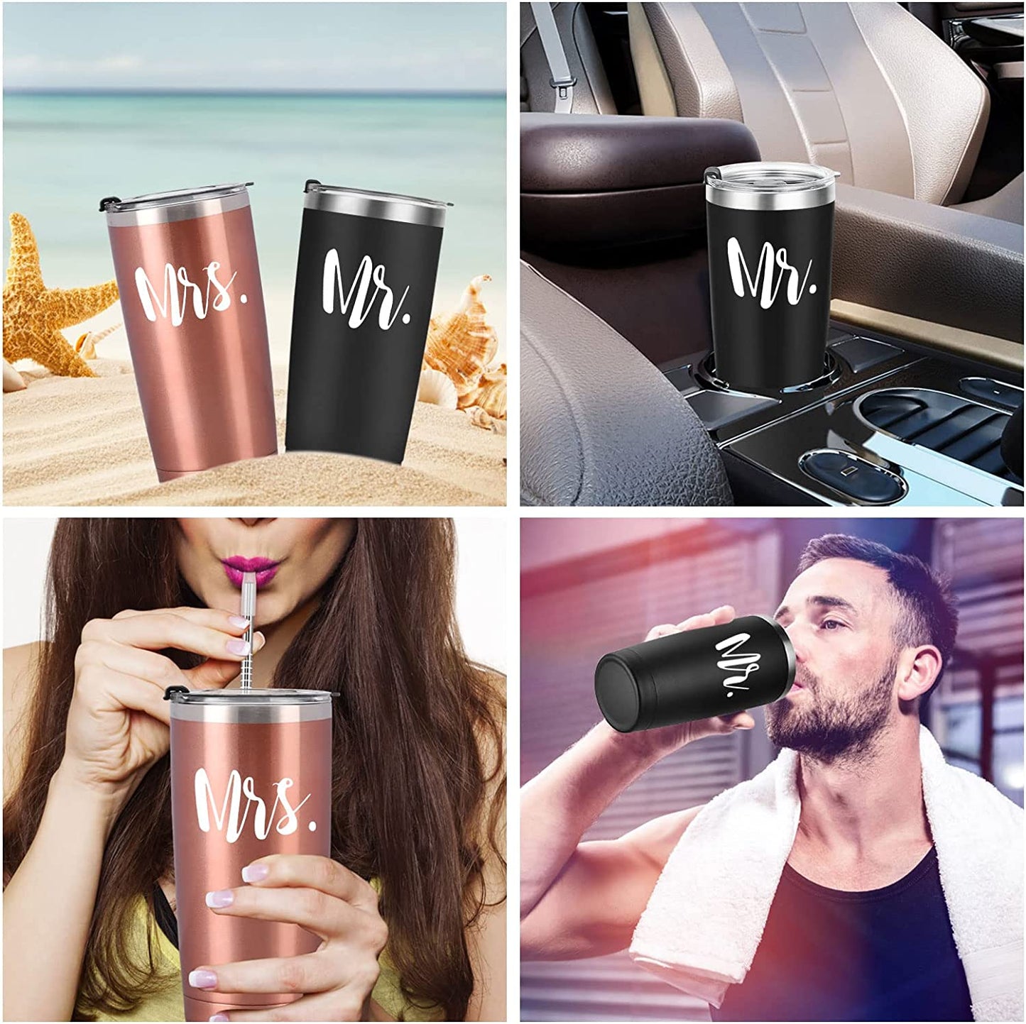 Mr and Mrs Tumbler Set of 2, Gifts for Newlyweds Couples Wife Bride to Be Newly Engaged Bridal Shower Wedding Engagement, 20 Oz Stainless Steel Insulated Travel with Lids, Black & Rose Gold