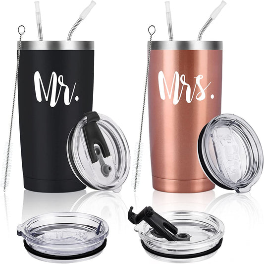 Mr and Mrs Tumbler Set of 2, Gifts for Newlyweds Couples Wife Bride to Be Newly Engaged Bridal Shower Wedding Engagement, 20 Oz Stainless Steel Insulated Travel with Lids, Black & Rose Gold