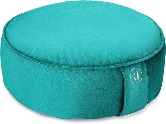 Buckwheat Meditation Cushion round Zafu Yoga Pillow - Zafu Meditation Cushion Velvet with Zippered Organic Cotton Liner to Add or Remove Hulls | Machine Washable - Free Carry Bag (Emerald)