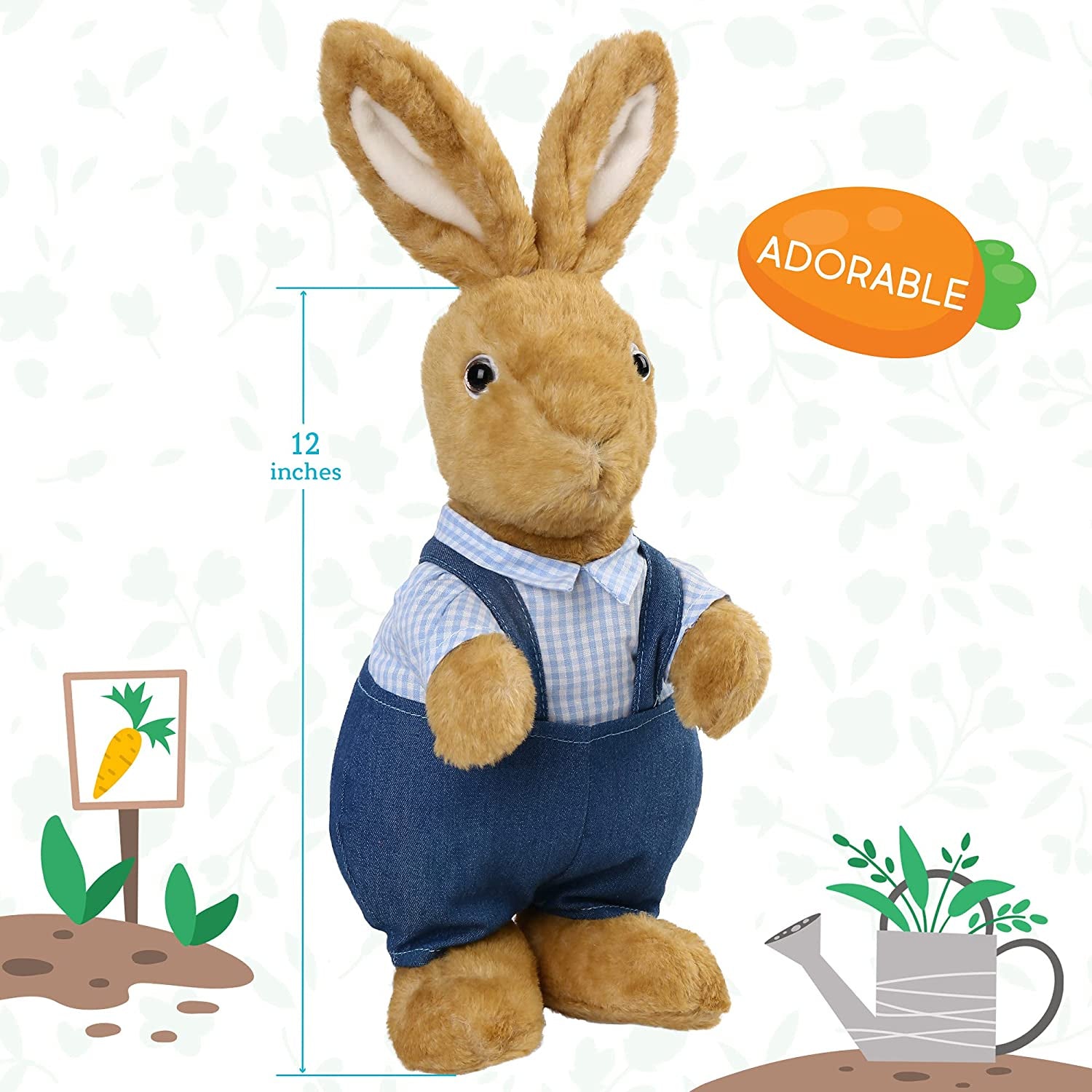 Bunny Stuffed Animal, 12” Brown Rabbit Plush for Home Decor, Rabbit Stuffed Animal Wearing Blue Clothes for Kids, Gifts for Birthday Christmas
