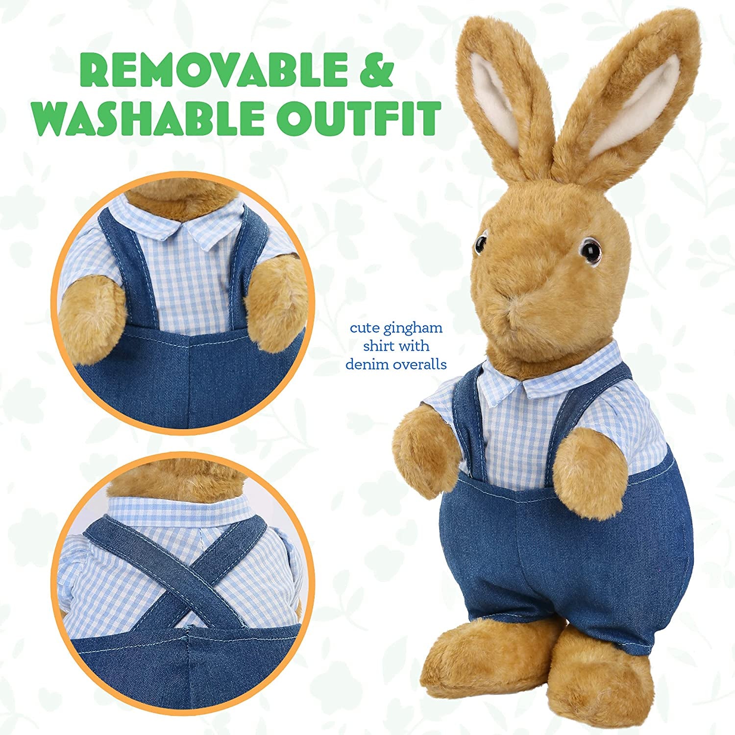 Bunny Stuffed Animal, 12” Brown Rabbit Plush for Home Decor, Rabbit Stuffed Animal Wearing Blue Clothes for Kids, Gifts for Birthday Christmas